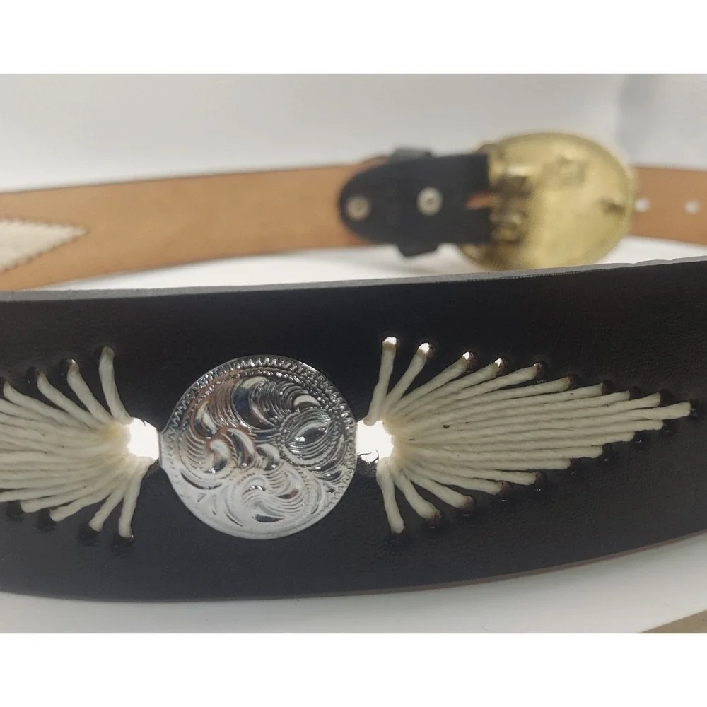 Goldwing Eagle Western Belt Black Leather Silver Gold‎ Tone Mens Size 38